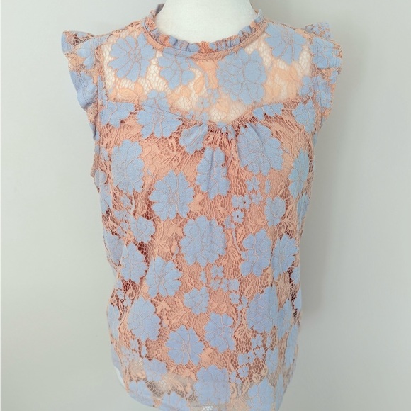 Monteau Lace & floral sleeveless lined top Size Large light blue & tan - Picture 4 of 13